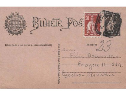 1931, DR Lisabon, dopisnice 25 C zaslaná do Prahy, dv růžek