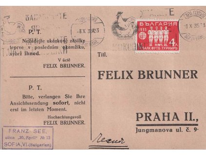 1935, DR Sofia, firemní karta zasl. do Prahy, stopy provozu