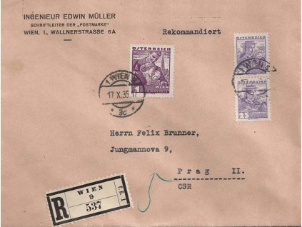 1935, DR Wien, R-dopis zasl. do ČSR, hledaná frankatura