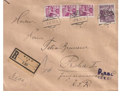 1937, DR Wien, R-dopis zaslaný do ČSR, hledaná frankatura