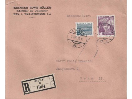 1935, DR Wien, R-dopis zaslaný do ČSR, hledaná frankatura