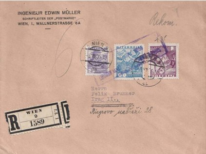 1935, DR Wien, R-dopis zaslaný do ČSR, hledaná frankatura