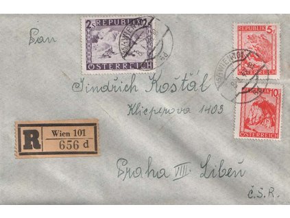 1948, DR Wien, R-dopis zaslaný do Prahy, stopy pošt. provozu