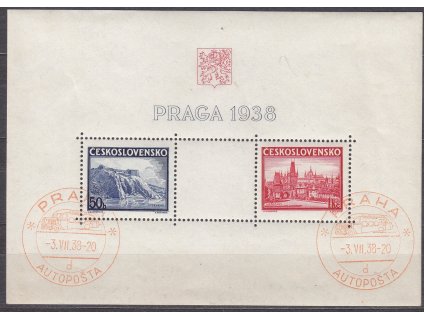 1938, aršík PRAGA, pamětní razítko autopošty, písmeno "d", Nr.A342-3, horší jakost rubové strany