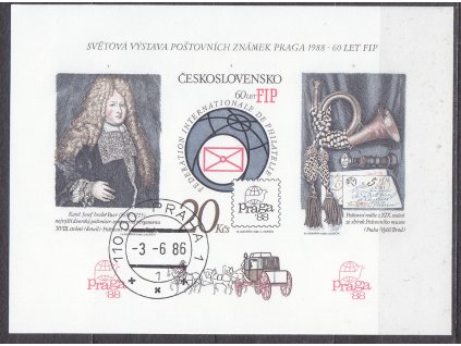 1986, 20Kčs aršík Výročí FIP, nezoubkovaný, denní razítko, Nr.A2747B, ilustrační foto