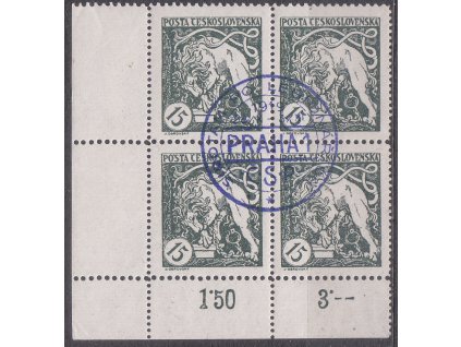 15h zelená, Řz., roh. 4blok s počitadly a DČ - přerušená pomlčka, přítisk, Nr.27B, **/*