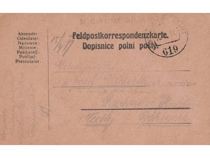 No.619 + M.G.KOMP, lístek PP zaslaný v roce 1918 do Čech