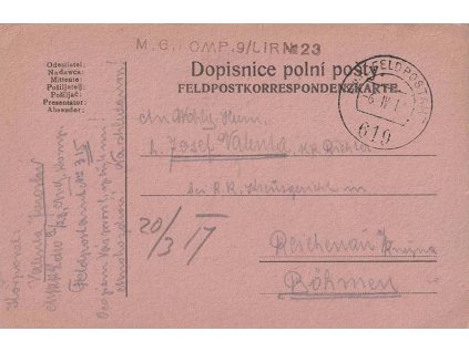 No.619 + M.G.KOMP, lístek PP zaslaný v roce 1918 do Čech