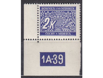 1939, 2K modrá, levý roh. kus s DČ1A-39, varianta X, Nr.DL11, **
