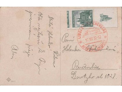 1938, Liberec-Autopošta, pohlednice zaslaná do Pardubic