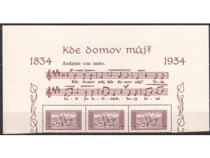 1934, 1Kč KDM, horní část z aršíku se 3 zn., Nr.283, nálepky na okrajích, známky svěží