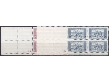 1934, 1-2Kč KDM, levé rohové 4bloky s kupony s DČ 1A, Nr.281-2, **/*, lehce přeloženo v perforaci