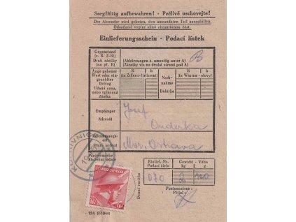 Kopřivnice, 1945, podací lístek, hezké, vzácné