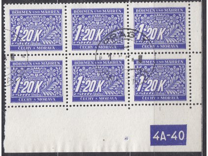 1.20K modrá, 6blok s DČ 4A-40 - varianta X!!!, Nr.Dl.10, (Pof.9000,-), zcela mimořádná varianta okraje, razítkované