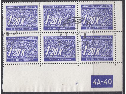 1.20K modrá, 6blok s DČ 4A-40 - varianta Y!!!, Nr.Dl.10, (Pof.9000,-), zcela mimořádná varianta okraje, razítkované