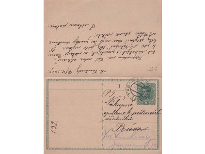 1917, DR Tábor, dvojitá dopisnice 8 H Karel, prošlé, hledané
