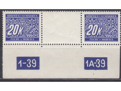1939, 20K Doplatní, meziarší s DČ1-39-1A-39, Nr.DL14, **, lehce přeloženo