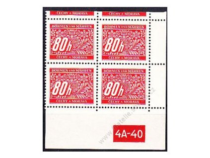 80h červená, pravý roh. 4blok s DČ 4A-40 s horním okrajem, varianta X, Nr.DL8, **