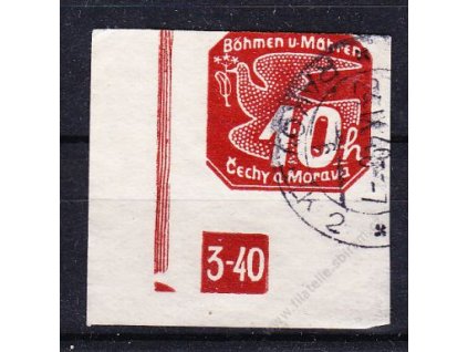 1939, 10h červená, roh. kus s DČ 3-4%, zakončení trojúhelník, těsný střih nahoře, Nr.NV5, ra
