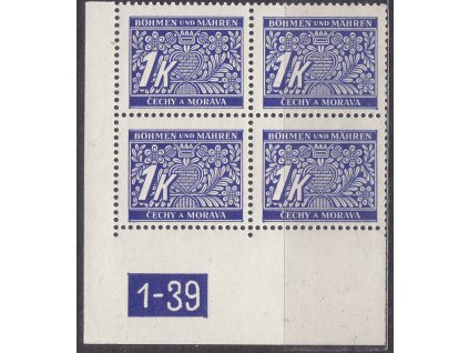 1K modrá, levý roh. 4blok s DČ1-39, varianta Y, Nr.DL9, **
