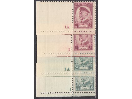 1935, 50h-1Kč Masaryk, 4 roh. kusy s DČ 1 a 1A,, Nr.285,286, **, ilustrační foto