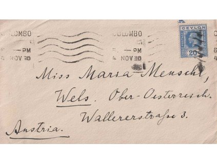 Ceylon, 1933, DR Colombo, dopis zaslaný do Rakouska