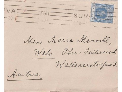 Fiji, 1933, DR Suva, dopis zaslaný do Rakouska, stopy provozu