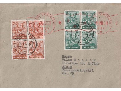 Sovětská zóna, 1947, DR Augsburg, dopis zaslaný do ČSR, zajímavé