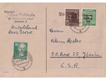 Sovětská zóna, 1949, DR Ehrentriedersdorf, lístek zasl. do ČSR