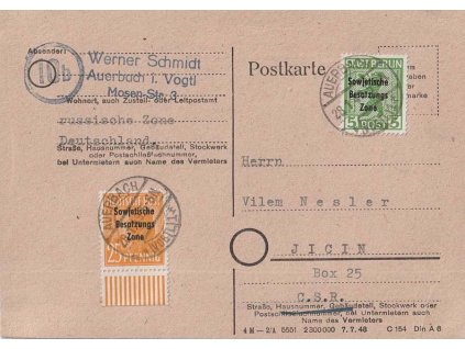 Sovětská zóna, 1949, DR Auerbach, lístek zaslaný do ČSR