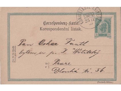 1903, Königstadtl-Křinetz, dopisnice 5H Franc Josef, prošlé