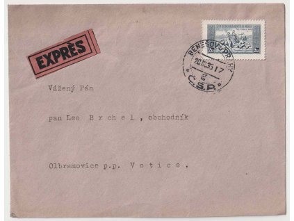 1935, Ex dopis vyfrankovaný známkou 2 Kč z aršíku KDM