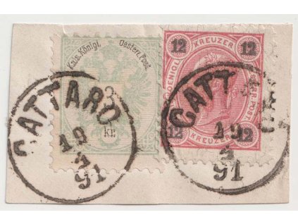1891, 3 Kr Orlíček + 12 Kr Franc Josef, výstřižek, frankatura
