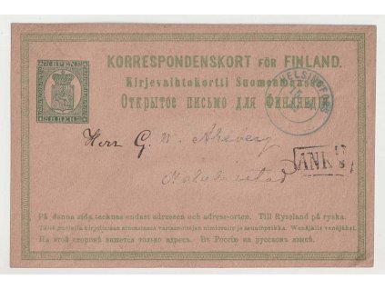 1874, dopisnice 8 P Znak MiNr.P6, modré razítko Helsingfors