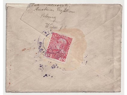 Čína, 1913, obálka vyfrankovaná známkou 10 h Franc Josef