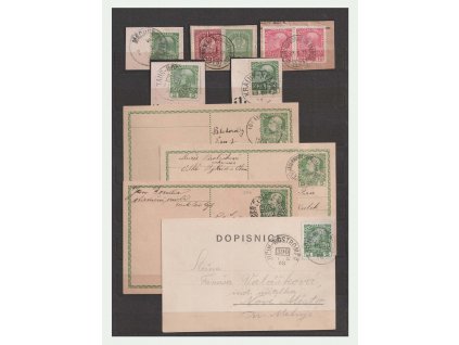 1910, Vlaková pošta, 5 kusů výstřižků a 9 kusů celistvostí