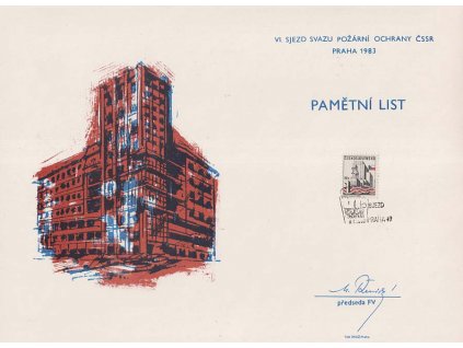 1983, Praha, Sjezd SPO, pamětní list s grafikou, A4, bezvadný