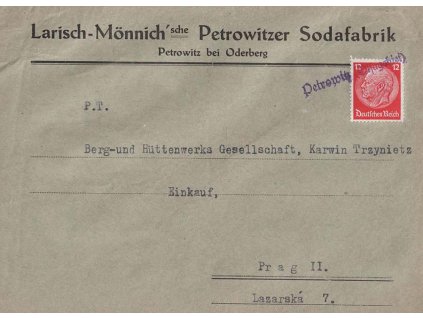 Petrowitz bei Oderberg, dopis zaslaný v roce 1939 do Prahy