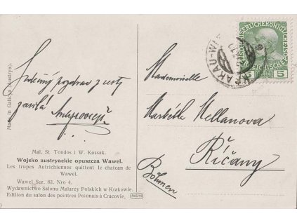 1910, Krakau-Wien, pohlednice zaslaná do Říčan, hezký kus