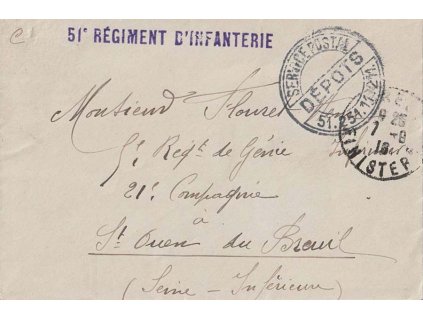 1916, 51. Régiment D´Infanterie, dopis PP, zasláno ve Francii