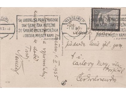 1935, DR Warszawa, pohlednice zaslaná do ČSR, dv růžek