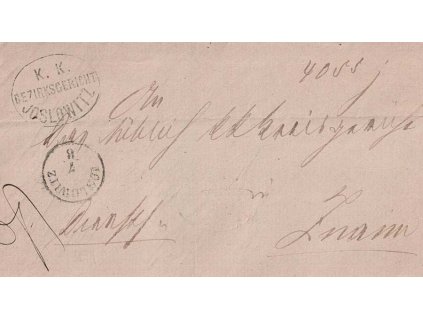 Joslowitz, úřední dopis zaslaný 1871 do Znojma, stopy stáří