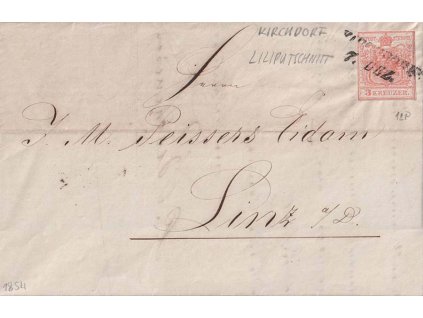 1854, DR Kirchsdorf, dopis zaslaný do Lince, stopy provozu