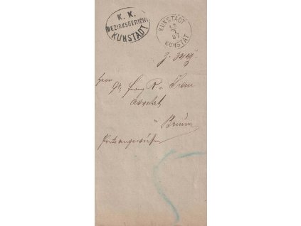Kunštát, úřední dopis zaslaný 1887 do Brna, stopy provozu