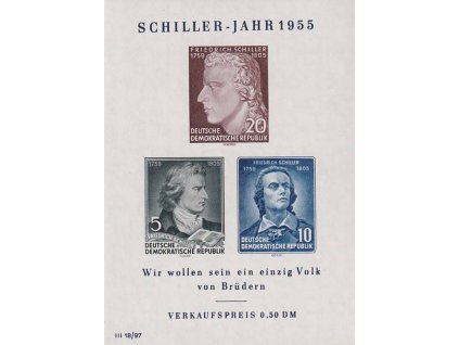 1955, 5-20 Pf aršík Fridrich Schiller, MiNr.Bl12, **