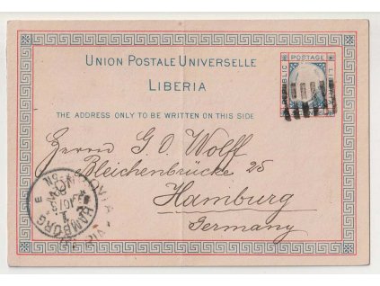 Libérie, 1890, dopisnice 3 C zasl. v roce 1892 do Hamburku