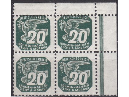 1943, 20h zelená, Řz.11 1/2, rohový 4blok, Nr.NV16, **