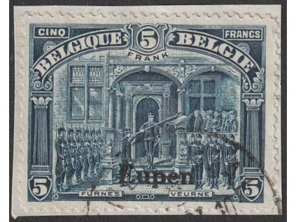 1920, Eupen, 5 Fr modrá, MiNr.13, razítkované, výstřižek