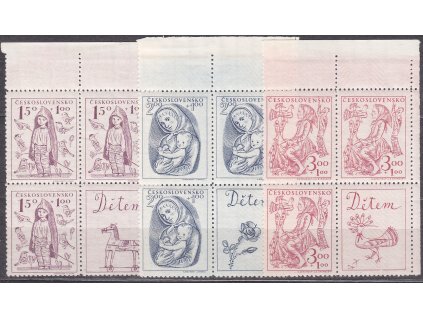 1948, 1.50-3Kčs Dětem, pravé horní roh. 4bloky, Nr.494-6, **