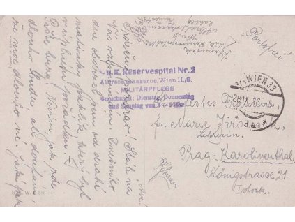 1916, DR Wien + K.u.K. Reservespital, zasláno do Prahy